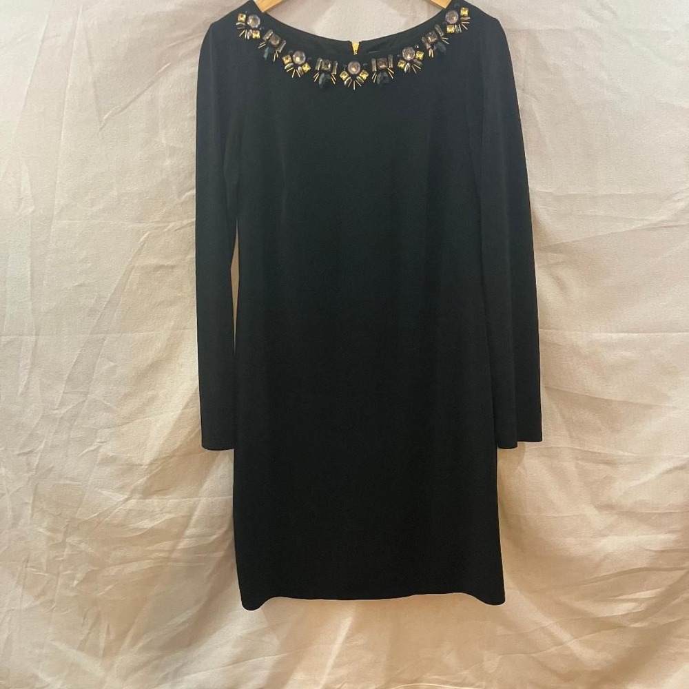 Vince Camuto Black Embellished Beaded Neckline Long Sleeve Sheath Dress Size 8